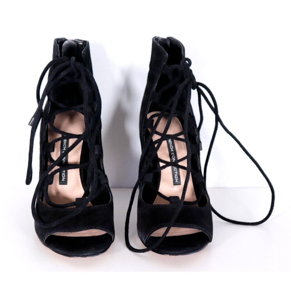 French Connection Women Size 6.5 Black Nari Pumos Lace-Up Zipper Suede Heels NEW